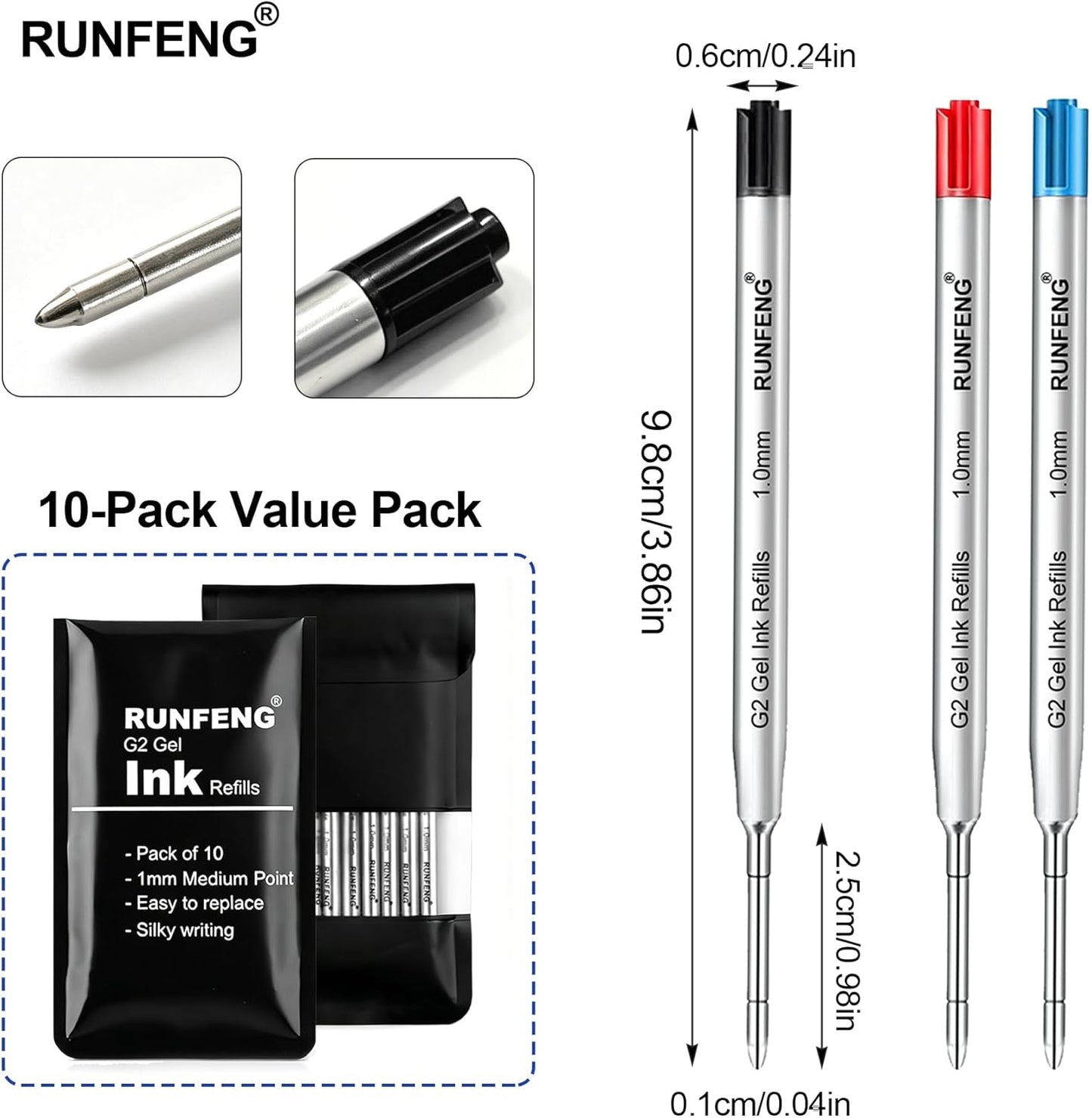 Pack of 10 Replaceable Ballpoint Pen Refills, G2 Gel Ink Refills,1mm Medium Point,Twist Pen Refill,Ball Point Pen Refills,Ink Refills for Pens,Black Ink Refills