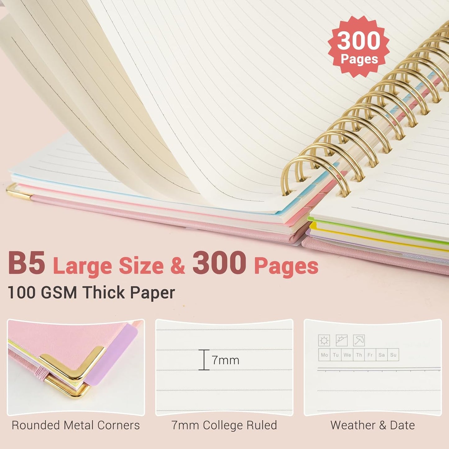 Hardcover Spiral Journal Notebook, 300 Pages 5 Subject Notebook College Ruled with Removable Dividers Tabs, 8" x 10" Notebooks for Work, Spiral Ruled Lined Writing Journal Hardcover Leather Notebook for School (Black, 8''x 10'')