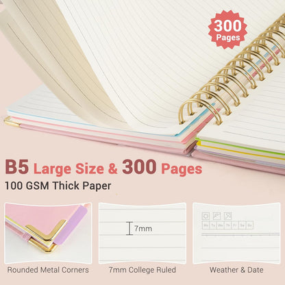 Hardcover Spiral Journal Notebook, 300 Pages 5 Subject Notebook College Ruled with Removable Dividers Tabs, 8" x 10" Notebooks for Work, Spiral Ruled Lined Writing Journal Hardcover Leather Notebook for School (Black, 8''x 10'')