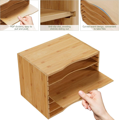 Bamjoy Bamboo 5 Tier Desktop Organizer, Paper Organizer Mail Sorter, File Holder Letter Document Storage with Adjustable Shelves for School Home Office, White