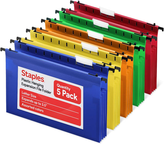 Staples Poly Expanding Hanging File Pockets, Letter Size, Assorted Colors, Durable Poly Construction – 5/Pack