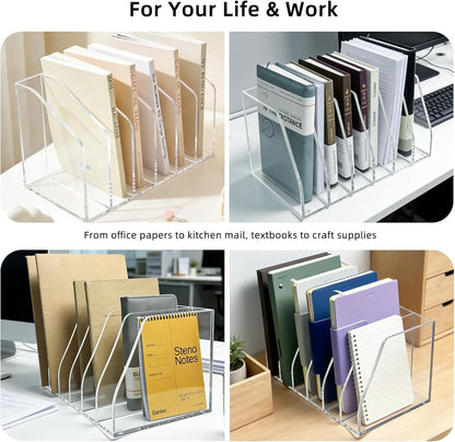 Acrylic Magazine File Holder, 4 Vertical Compartments Desk Document Sorter Organizer, Clear Folder Rack Binder for Office, Tablets, Magazines, Books – Home/Classroom Rack, 5mm Thick