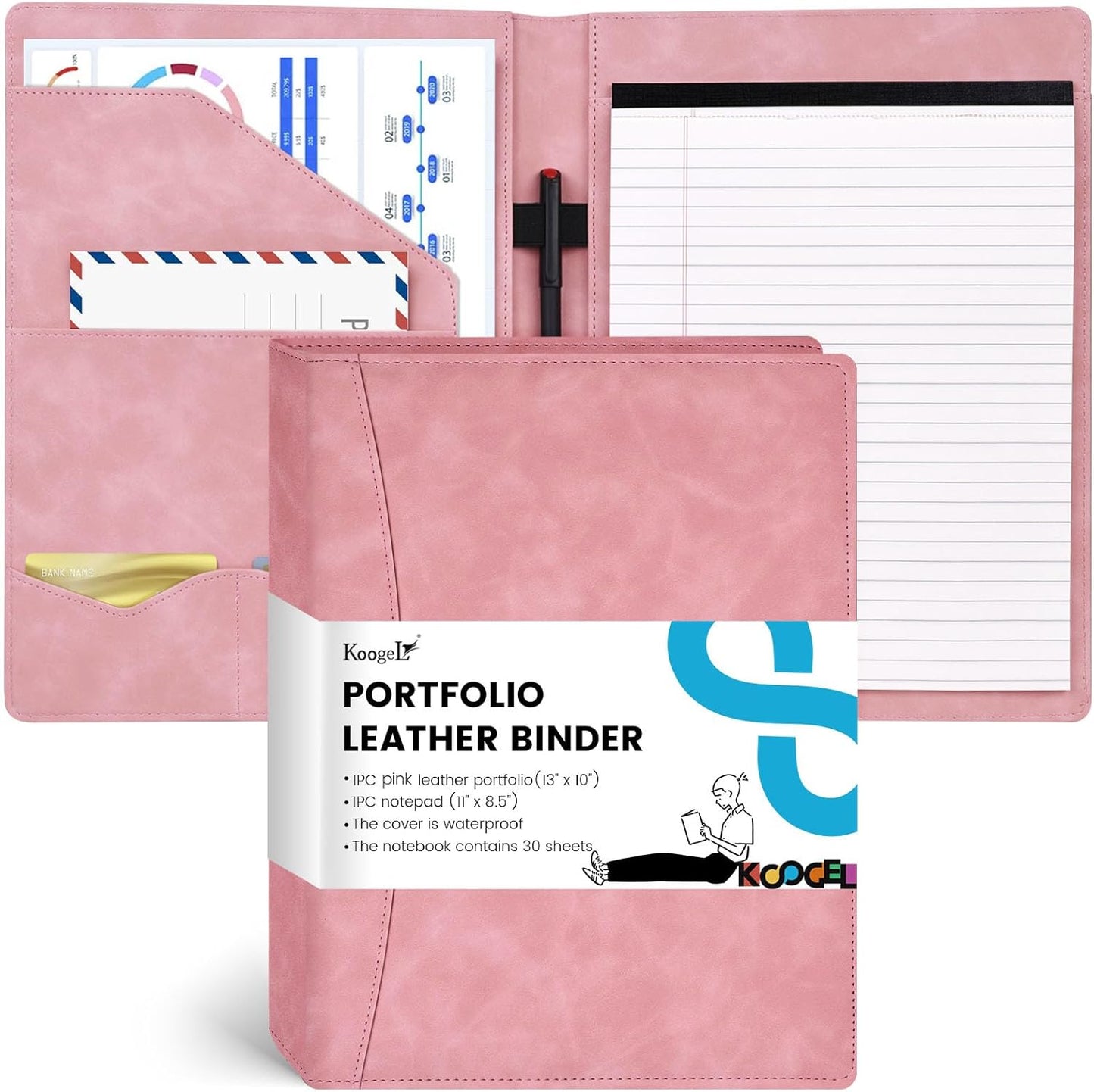 Koogel Padfolio Portfolio Folder, Leather Clipboard Portfolio Binder 13x10 inch Legal Writing Pad for Document Organizer Business Notepad Clip Boards for Women Office School Conference Meeting, Pink