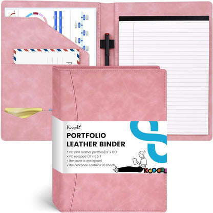 Koogel Padfolio Portfolio Folder, Leather Clipboard Portfolio Binder 13x10 inch Legal Writing Pad for Document Organizer Business Notepad Clip Boards for Women Office School Conference Meeting, Pink