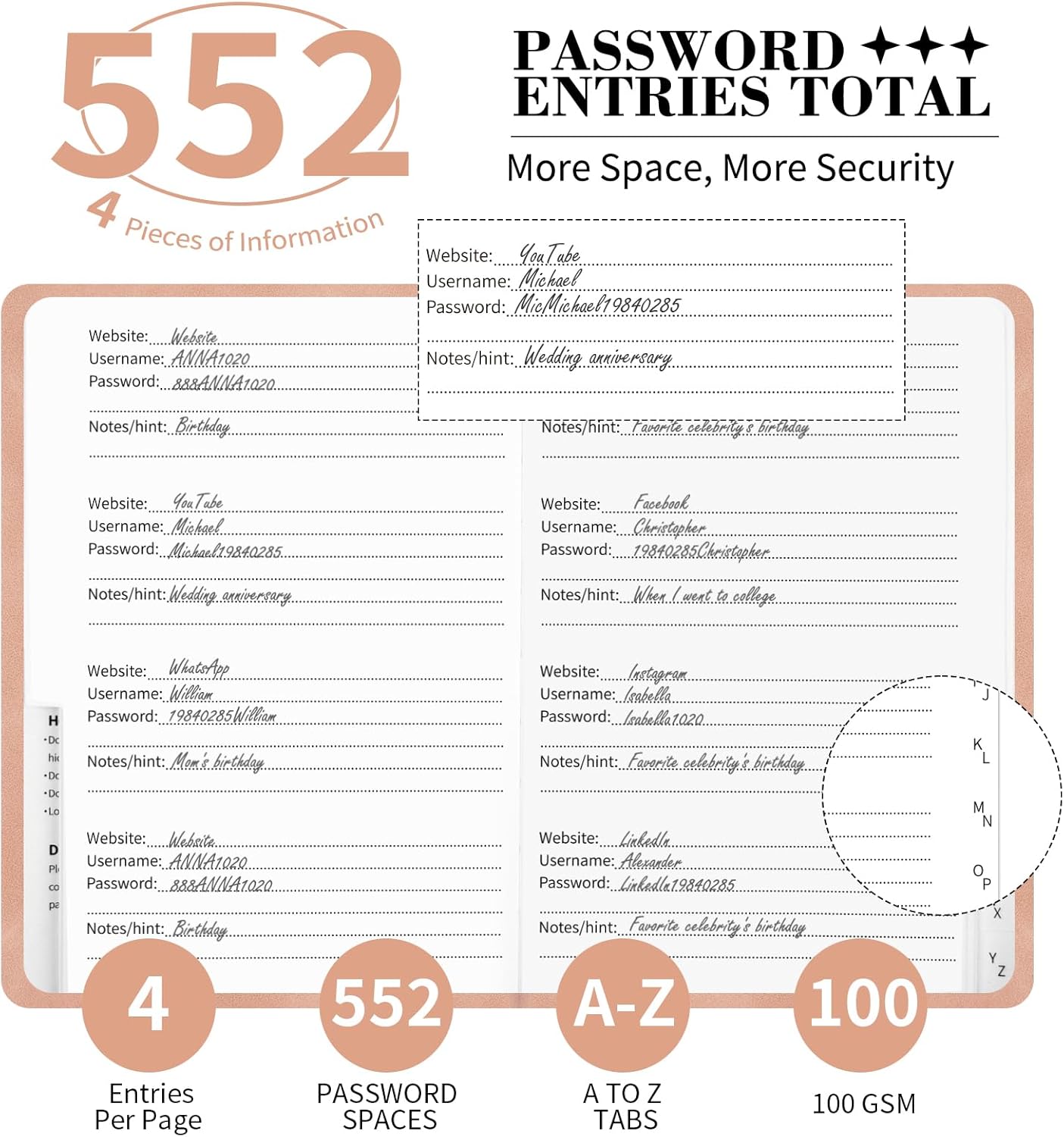 Password Book with Alphabetical Tabs, 4.5"x5.9"Small Pocket Password Keeper Book, 160 Pages/100GSM Hardcover Notebook, Password Organizer for Internet Website Address Login