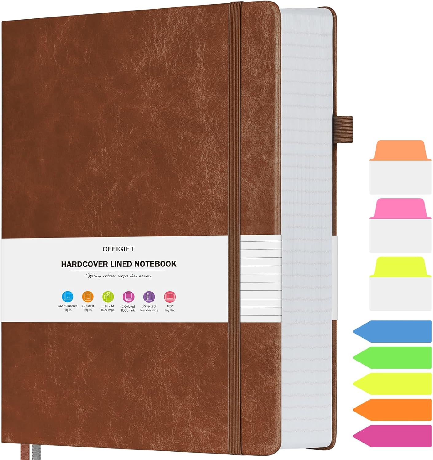 Lined Journal Notebook, Large A5 College Ruled Notebook, 312 Numbered Pages Work Notebook with Index Stickers, 100gsm Thick Paper, Hardcover Vegan Leather Journal for Women Men School Office, Black