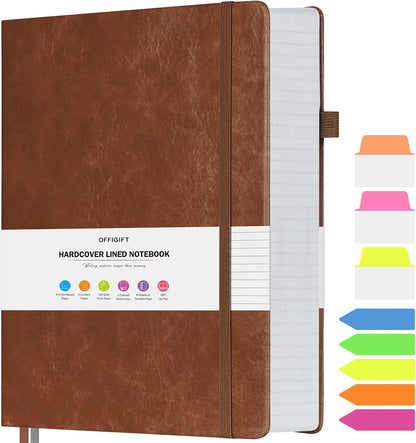 Lined Journal Notebook, Large A5 College Ruled Notebook, 312 Numbered Pages Work Notebook with Index Stickers, 100gsm Thick Paper, Hardcover Vegan Leather Journal for Women Men School Office, Black