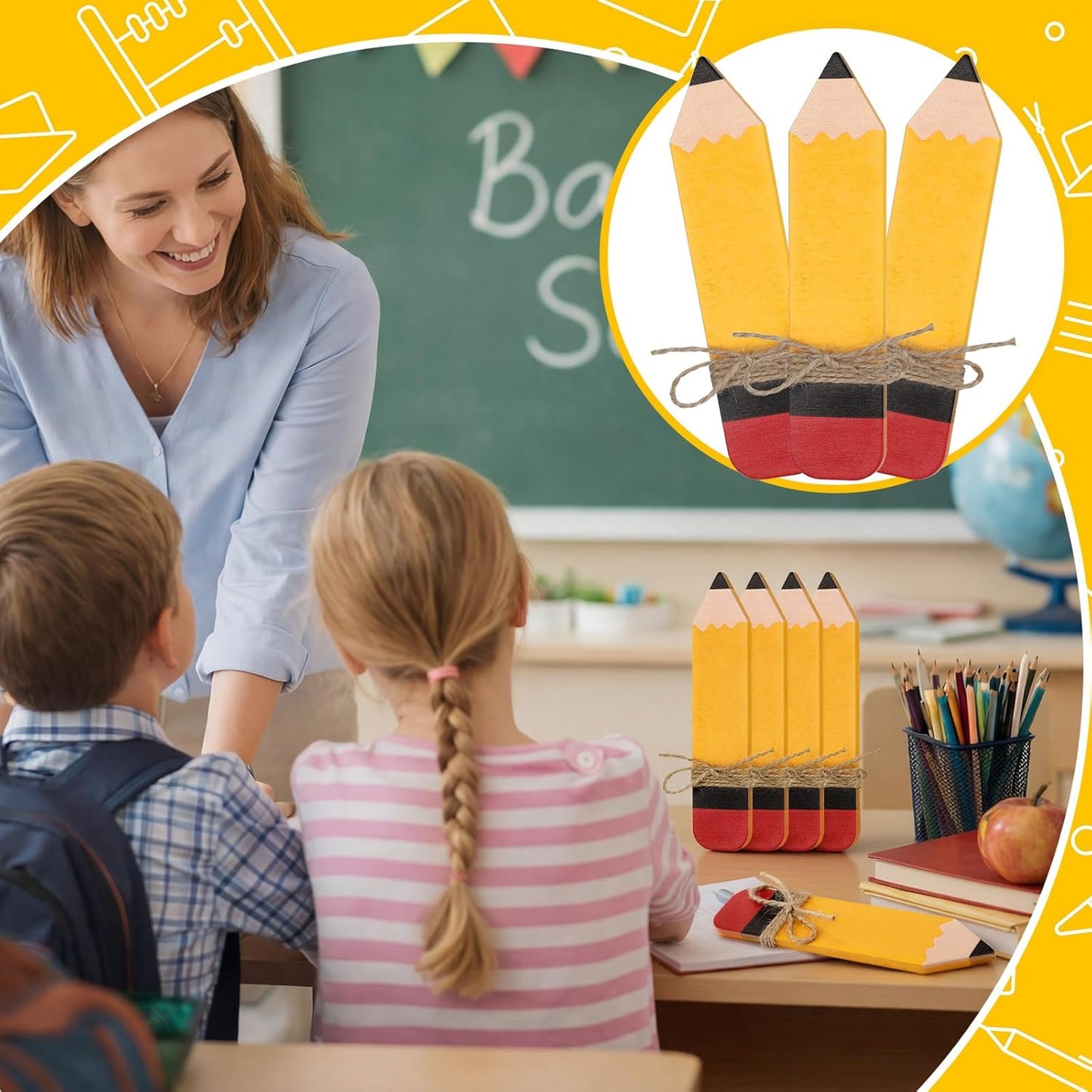 Novabright 7 Pcs Back to School Wooden Pencil Tiered Tray Decor First Day of School Pencil Signs Farmhouse Rustic Table Centerpiece Tabletop Ornaments for Classroom Teacher Desk Shelf Display Home