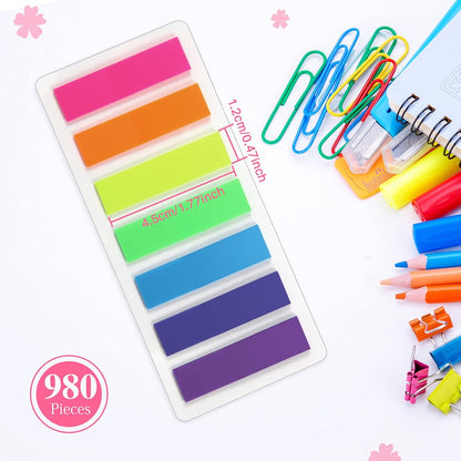 moinkerin 980 Pcs Sticky Notes Flags, 7 Color Index Tabs Index Flag Bright Colors Page Index Stickers Translucent Page Makers for Page Bookmarks