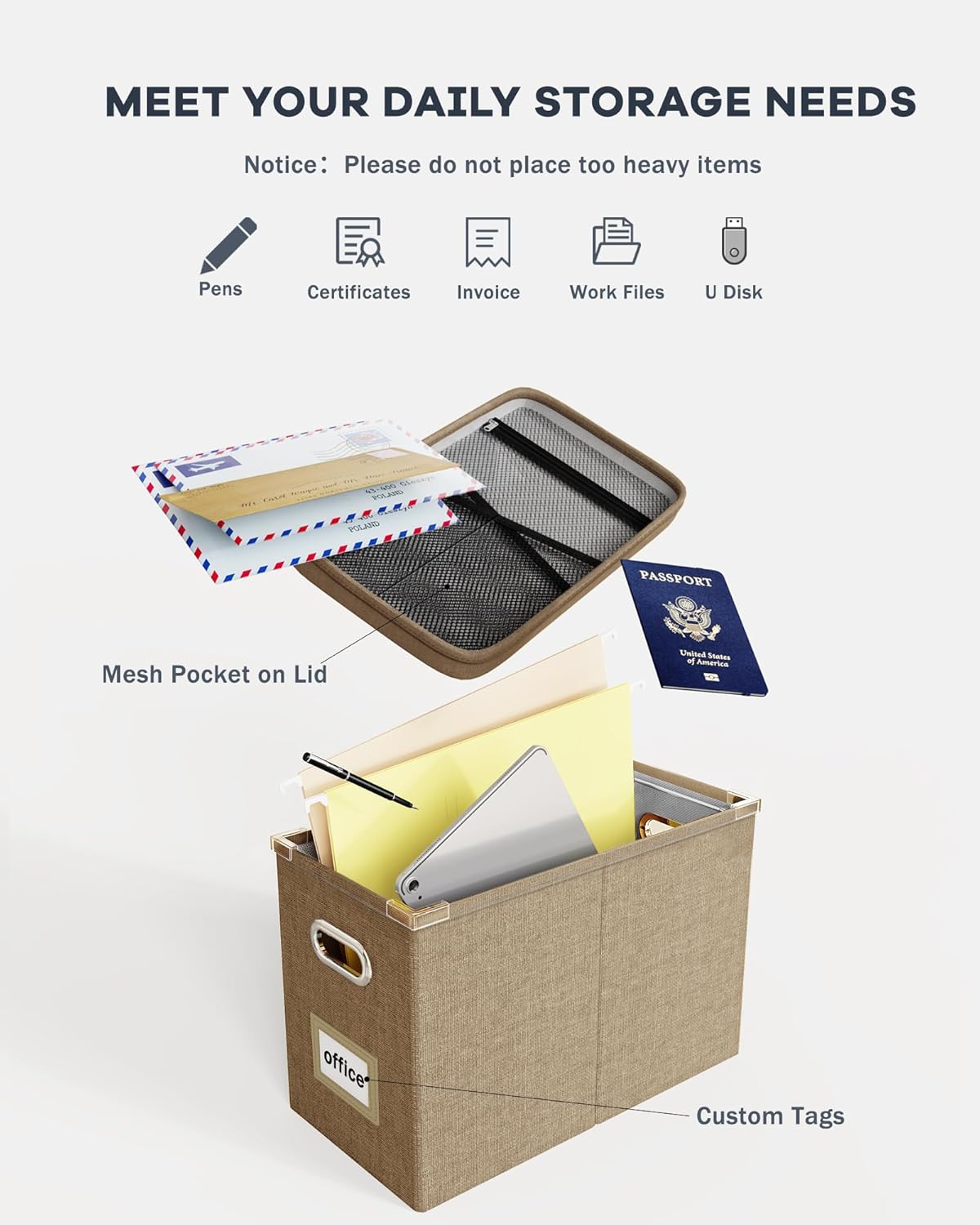 Oterri File Organizer Box with Lid, Hanging Filing File Box with Mesh Pocket, Document Organizer Box for Letter Files, Portable Storage Box with Smooth Sliding Rail for Office&Home (1 PCS, Beige)