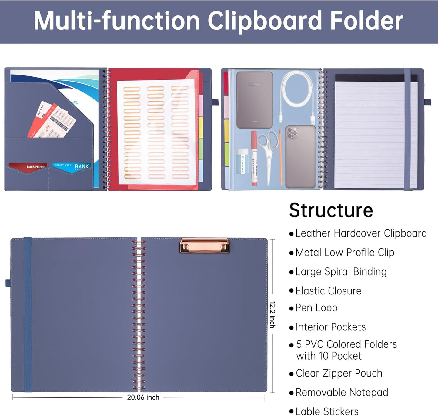 HAUTOCO Spiral Leather Clipboard Folio with Notepad (8.5 x 11''), 5 Folders with 10 Pockets, Storage Zipper Pouch, Pen Loop, 39 Stickers, Padfolio Organizer for Work School, Pink