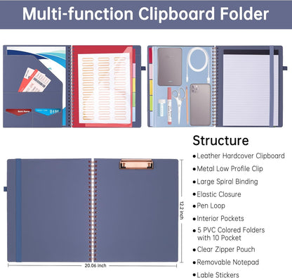 HAUTOCO Spiral Leather Clipboard Folio with Notepad (8.5 x 11''), 5 Folders with 10 Pockets, Storage Zipper Pouch, Pen Loop, 39 Stickers, Padfolio Organizer for Work School, Pink