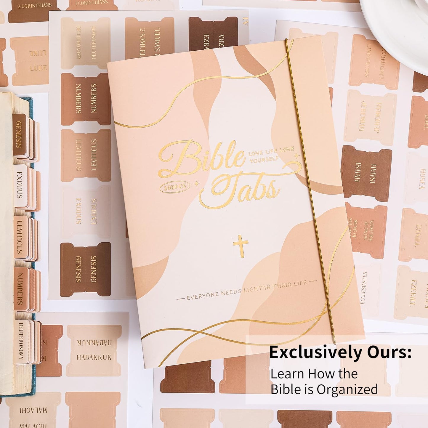 Laminated Bible Tabs, Gold Foil Embossed Lettering Bible Chapter Index Tabs for Women Men, Reposition Large Print Sticky Labels, Easy to Read and Apply, 105Chapters Labels for Easy Navigation (Black)