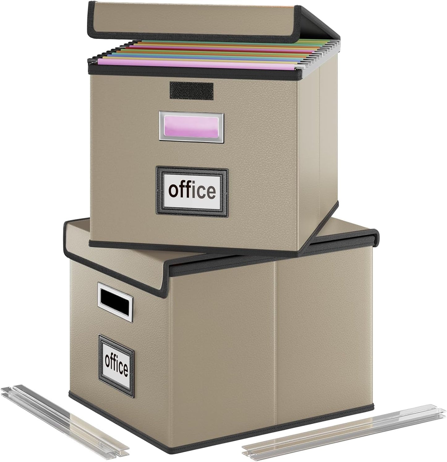 Huolewa Upgraded Portable File Organizer Box with Lid, Collapsible Linen Hanging Filing Storage Boxes with Plastic Slides, Decorative Home/Office Filing System Box for File and Folders Storage (Gray)