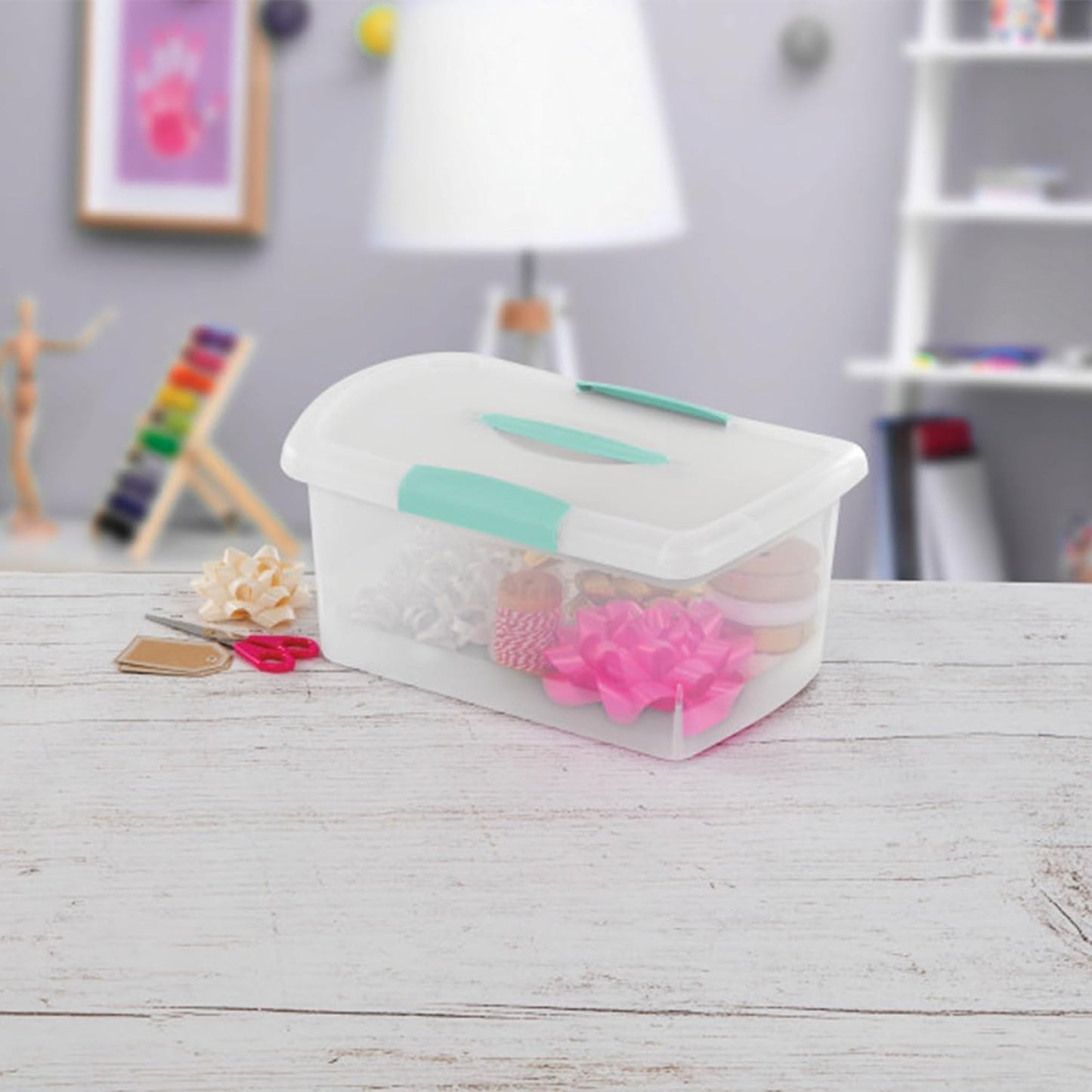 Sterilite Large Nesting ShowOffs, Stackable Small Storage Bin with Latching Lid and Handle, Plastic Container to Organize Office Files, Clear, 6-Pack
