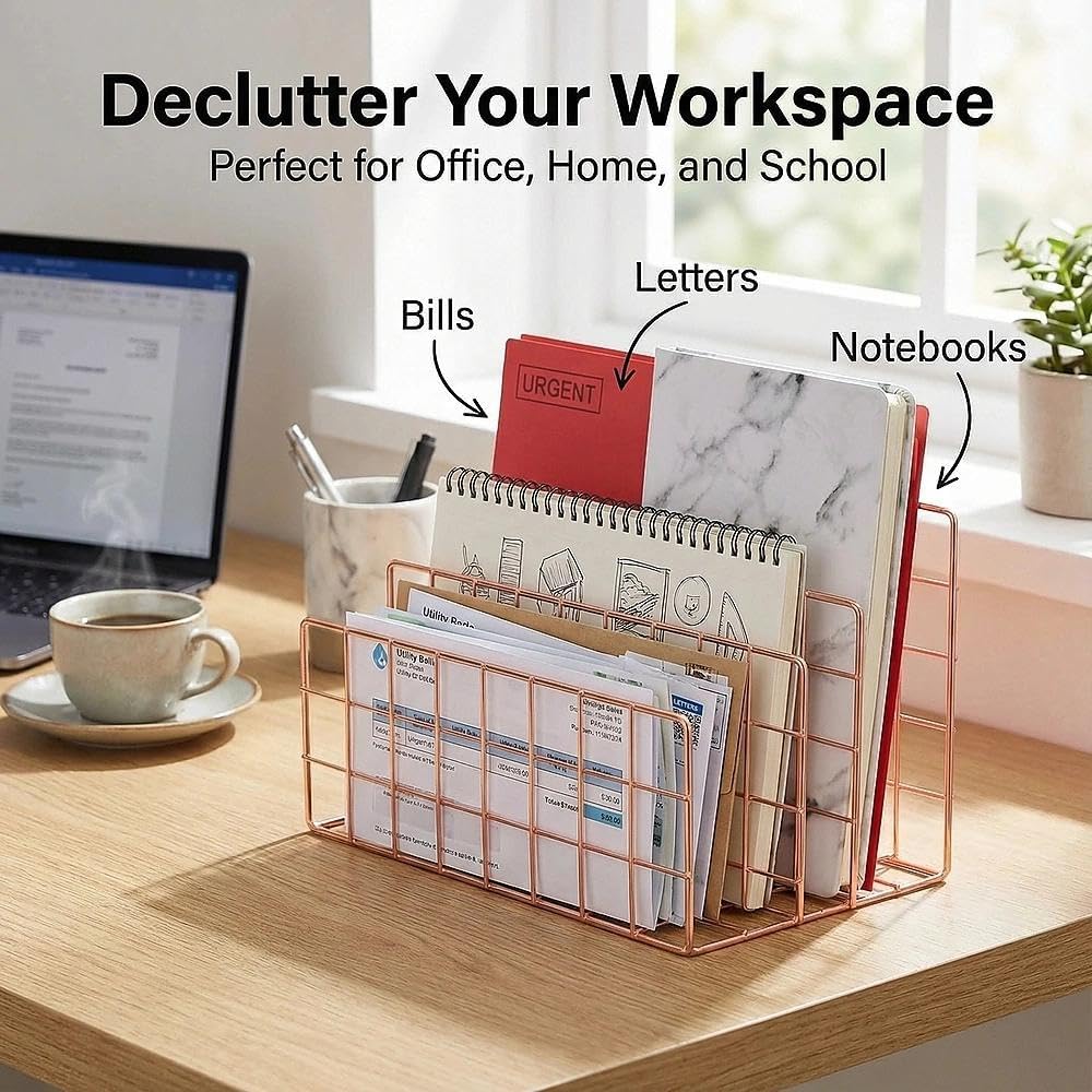 Simmer Stone Gold Letter Sorter Organizer for Desk, Premium Plated Metal Mail Holder with 3 Upright Slots, Ultra-Stable & Non-Wobbling Desktop Organizer for Envelopes, Documents, Palettes 9.5“ x 4.7 ”