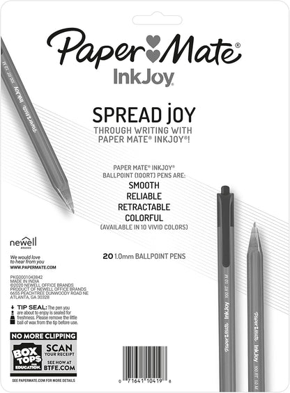 Paper Mate InkJoy 100RT Retractable Ballpoint Pens, Medium Point (1.0mm), 20 Count - Teacher Essentials, Colorful Office Supplies, Note-Taking, Back to School