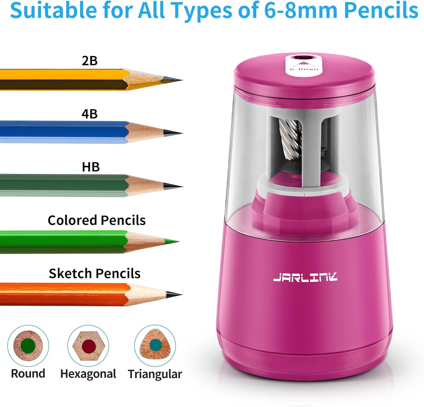 JARLINK Electric Pencil Sharpener, Heavy-Duty Helical Blade to Fast Sharpen, Auto Stop for No.2/Colored Pencils(6-8mm), AC Adapter/Battery Operated in School Classroom/Office/Home (Black)