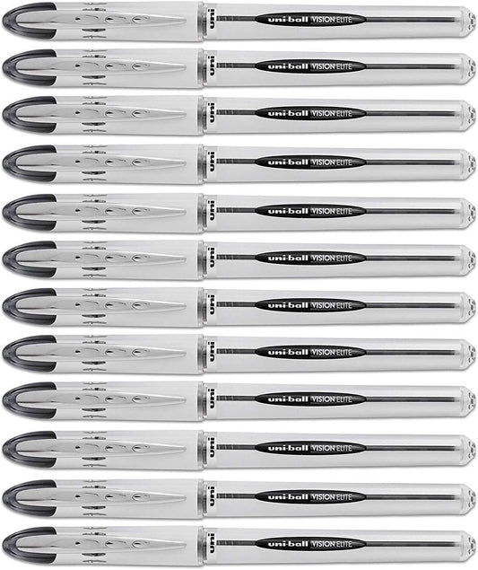 Uni-Ball Vision Elite Stick Roller Ball Pens .08mm, Black Ink, 12 Pens