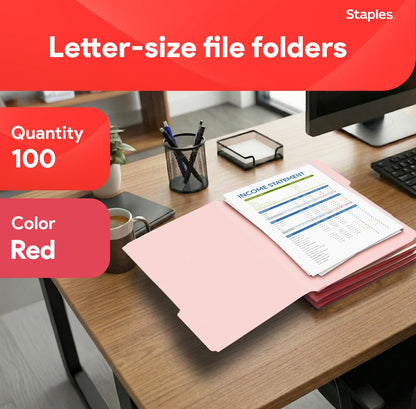 Staples File Folders, Letter Size, 1/3‑Cut Tabs, Purple, Durable 10.5‑Point Paper Stock, 100/Pack