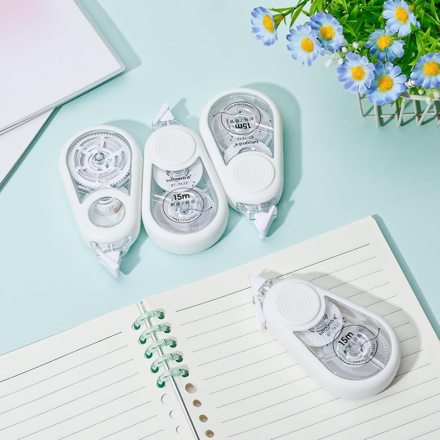 Temiary 4 Pcs White Correction Tape with Dispenser, Smooth Quick Dry Pull Out Tapes for Instant Corrections, 49.2 Ft Easy to Use Tear-Resistant Applicator for Office Note Taking, Journaling (Morandi)