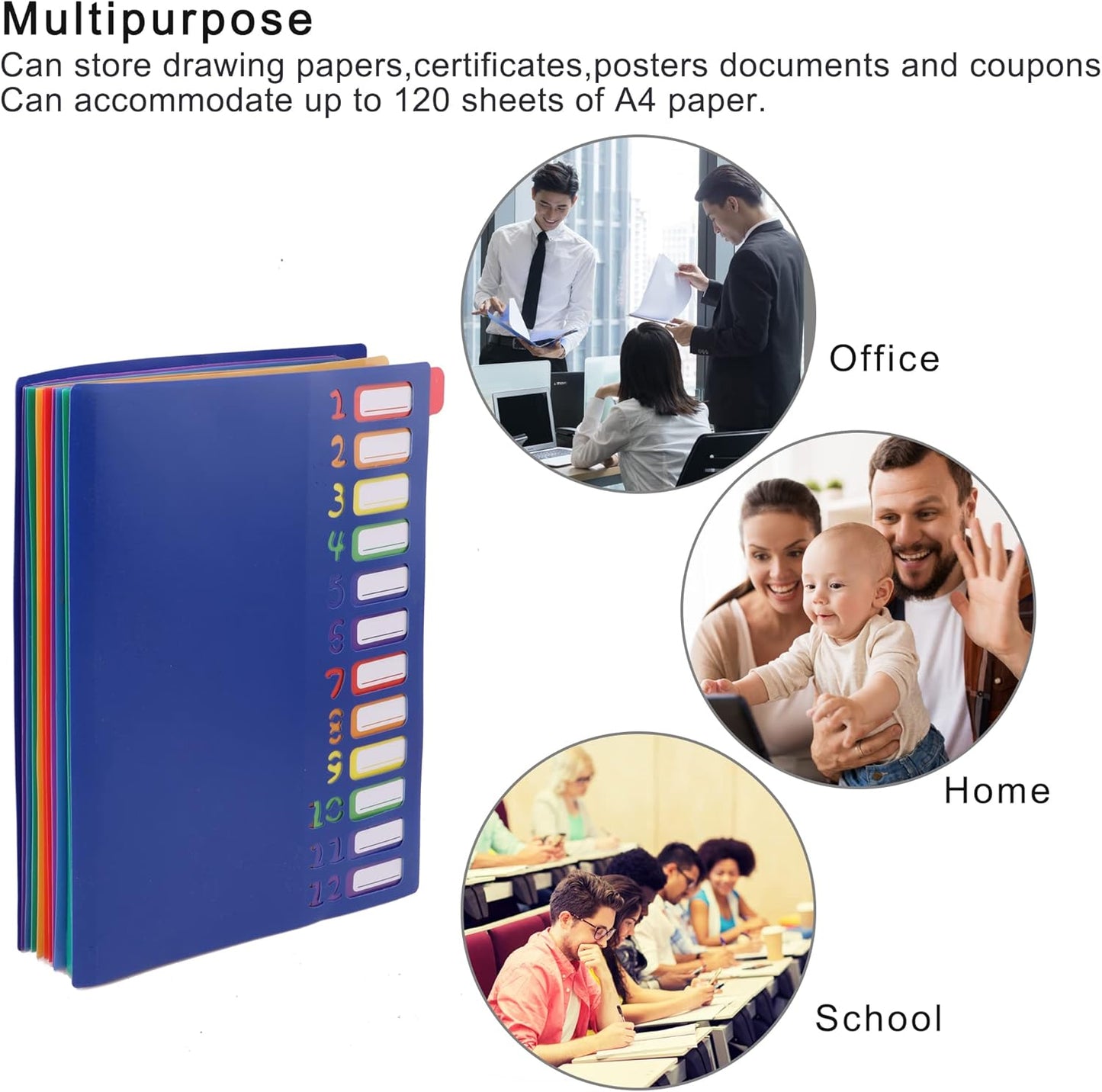 Edufun Rainbow Tab Expanding File Folder - 24 Pockets, Durable A4 Letter Size Organizer, Water-Resistant Plastic Dividers, Home/Office/School Document Holder (Black)