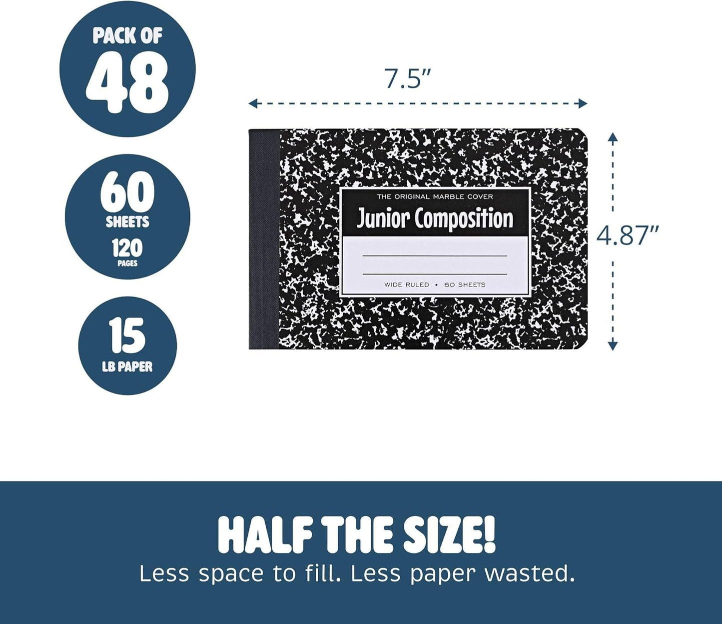 ROARING SPRING Junior Marble Composition Books, 12-Pack, Specially Sized 4.875"x7.5" for Smaller Users, 60 Sheets 15# White Wide Ruled Paper, Hard Board Covers, Black Marble (77125)