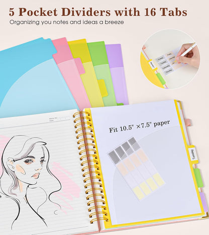 Hardcover Large Spiral Notebook 8.5" x 11" with Removable Dividers Tabs, 300 pages Leather 5 Subject Notebook College Ruled, A4 Journal for Women Men, Notebooks for Work School Note taking,Black