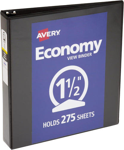 Avery Standard View 3 Ring Binder, 1.5" Round Rings, 275-Sheet Capacity, 2.1 Inch Wide Spine, 1 Black Binder, Ideal for Lightweight Organization and Occasional Referencing (05771)