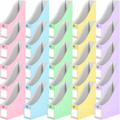 Pasimy 25 Pcs Pastel Cardboard Magazine File Holder Magazine Organizer Book Bin with Label Sticker Multicolor File Storage Box for Desk Shelves Document School Classroom Home Office Supplies