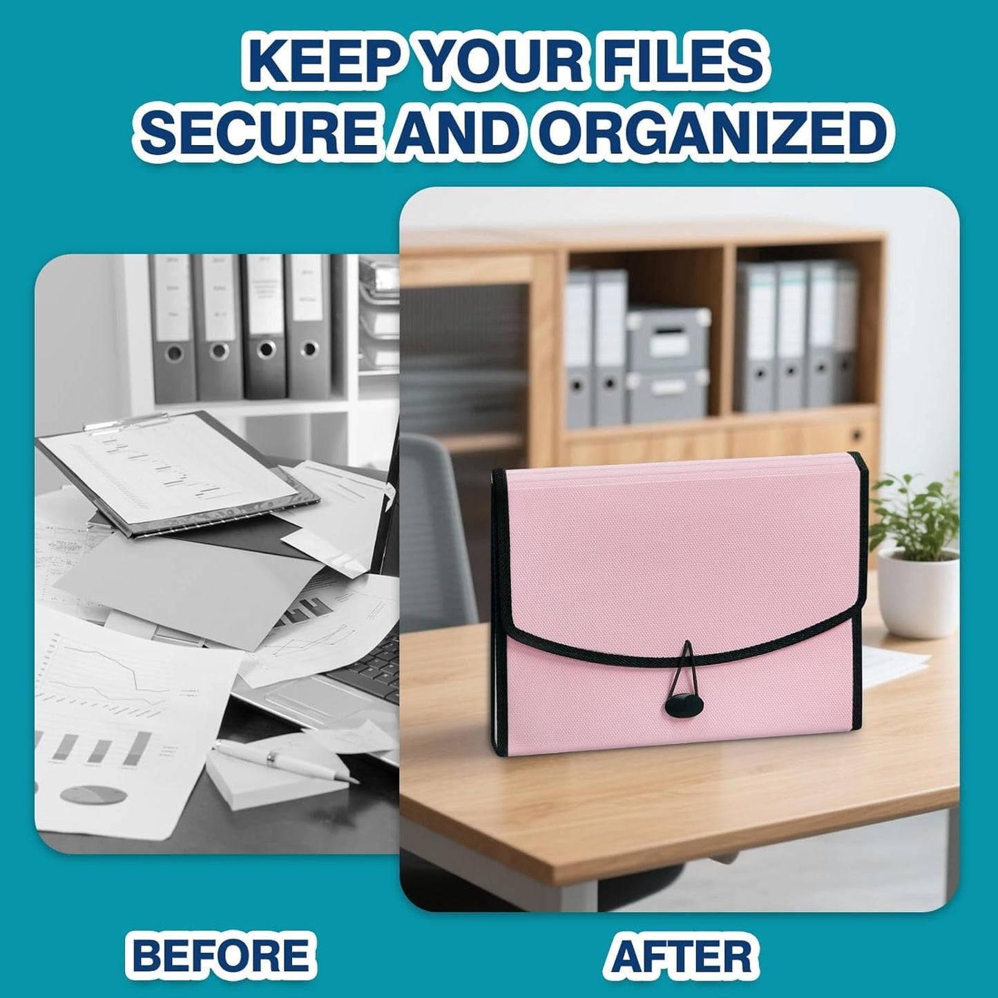 H4D 13-Pocket Accordion File Organizer with Mesh Pocket, Expanding File Folder with Tabs, Expandable Document Organizer for Home Office School, Letter Size, Teal