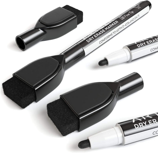 ARTEZA Black Dry Erase Markers with Erasers – Pack of 36 Magnetic Fine Tip Whiteboard Pens with Low-Odor Ink for Office & Home Use