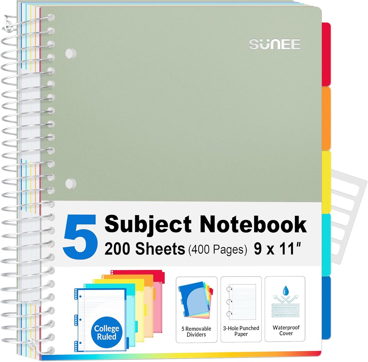 SUNEE 5 Subject Graph Paper Notebook - 400 Pages, 9"x11", 4x4 Graph Ruled Notebook, 5 Pocket Colored Dividers, 3-Hole Punched Paper, Black