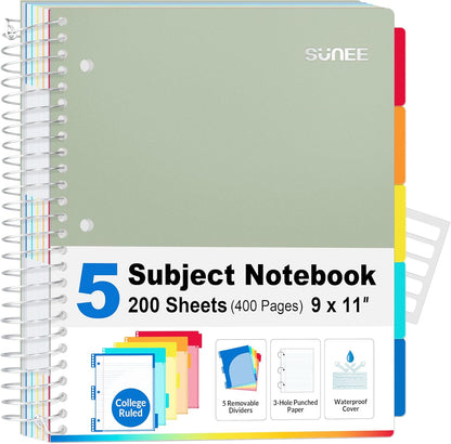 SUNEE 5 Subject Graph Paper Notebook - 400 Pages, 9"x11", 4x4 Graph Ruled Notebook, 5 Pocket Colored Dividers, 3-Hole Punched Paper, Black