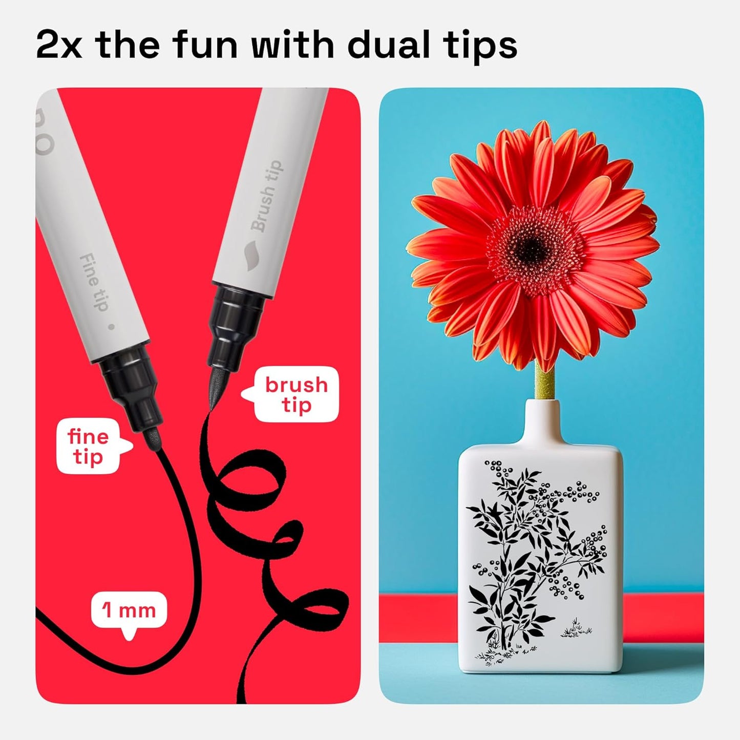 ARTISTRO 2 Red Dual-Tip Acrylic Paint Pens - Multisurface Markers for Glass, Rock, Fabric, Wood, Plastic & More - 1 mm Fine & Brush Tips