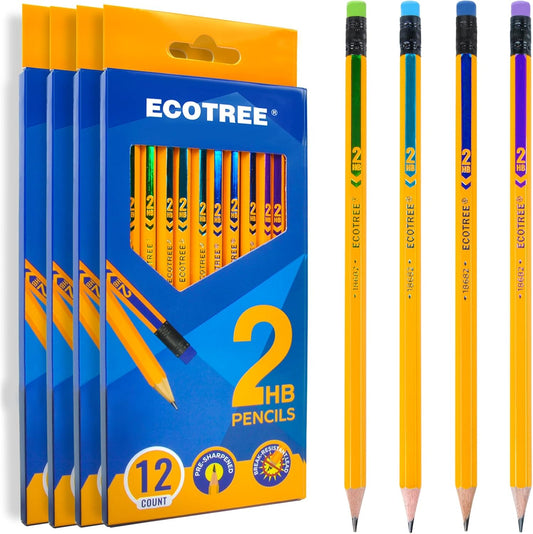 ECOTREE Pre-Sharpened Pencils #2 HB, Wood-Cased Number 2 Pencils with Erasers for Writing, Drawing, Sketching, Yellow Pencil Bulk for School Teacher Supplies, 48 Count