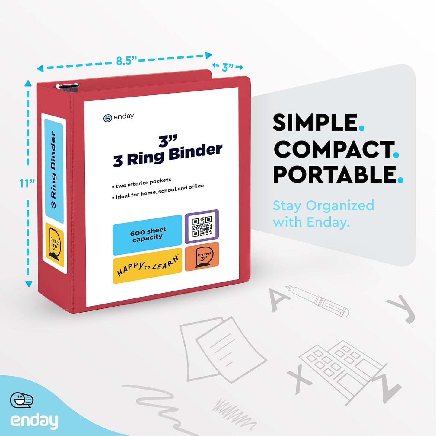 3 Inch Binder 3 Ring Binders Green, Slant D-Ring 3” Clear View Cover with 2 Inside Pockets, Heavy Duty Colored School Supplies Office and Home Binders – By Enday