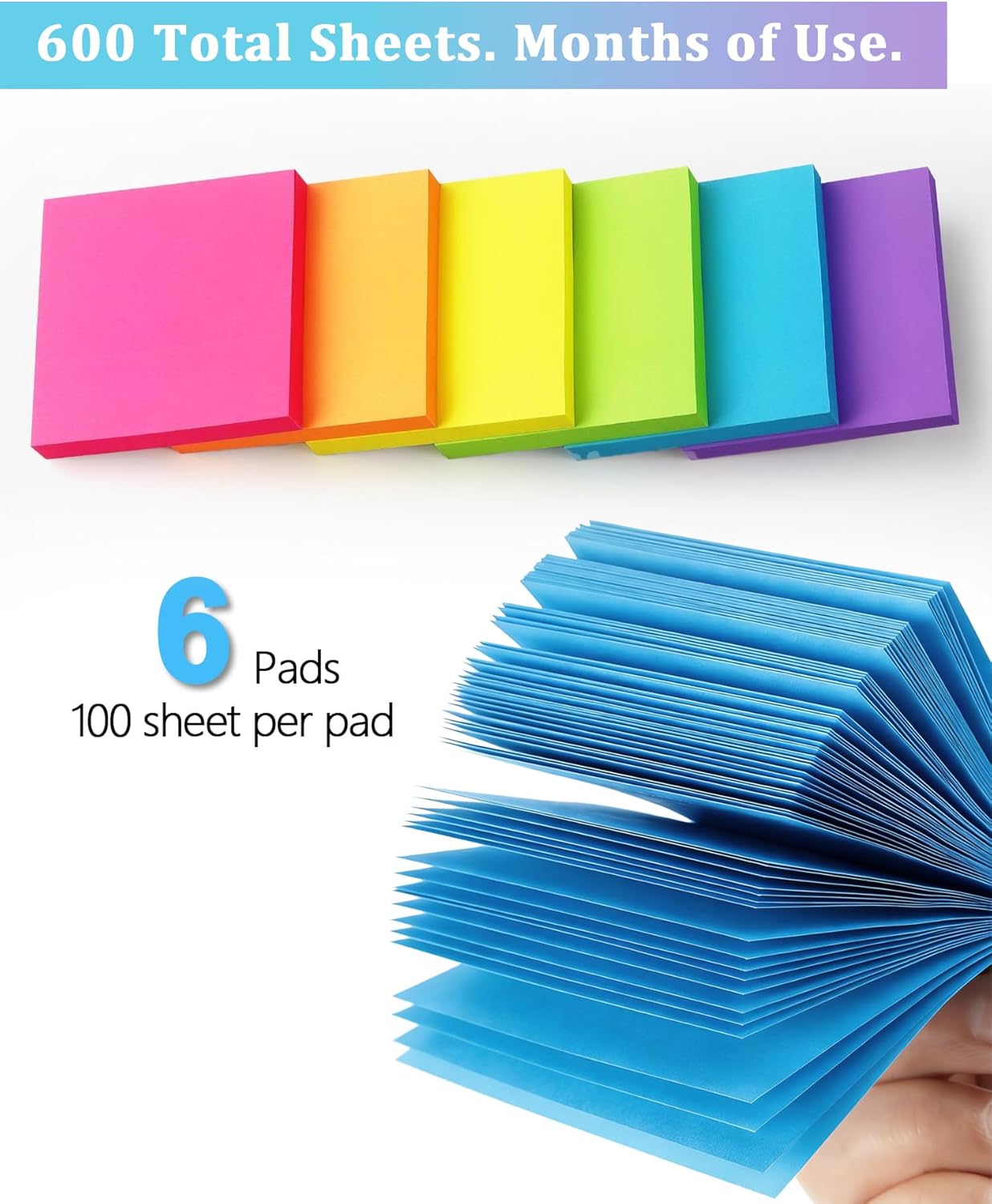 6 Pack Bright Color Sticky Notes 3x3 Inch, 100 Sheets/Pad 600 Total, Adhesive Memo Pads for Office School Home Organization