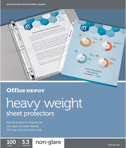 Office Depot Heavyweight Non-Glare Sheet Protectors, 8 1/2in. x 11in., Clear, Pack of 100, 97124