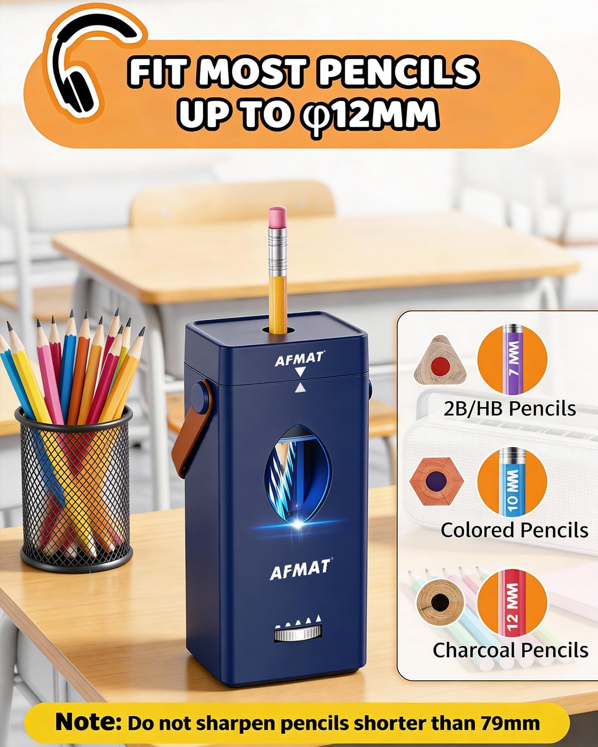 AFMAT Electric Pencil Sharpener, Rechargeable & Cordless, Fully Automatic Pencil Sharpener for Classroom, Auto in & Out, 5 Sharpness Modes, Heavy Duty Sharpeners for 6-12mm No.2/Jumbo Pencils PSC7