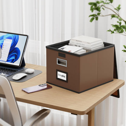 Huolewa Upgraded Portable File Organizer Box with Lid, Collapsible Linen Hanging Filing Storage Boxes with Plastic Slides, Decorative Home/Office Filing System Box for File and Folders Storage (Gray)