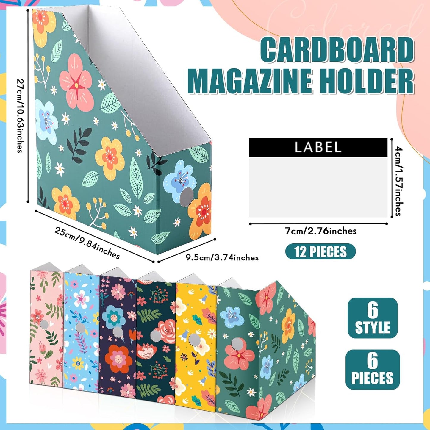 PerKoop 6 Pcs Decorative Magazine File Holders Floral Foldable File Folders Magazine Storage Boxes Rack Desk Organizer Documents with Printable Labels for School Office Home (Floral)