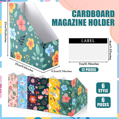 PerKoop 6 Pcs Decorative Magazine File Holders Floral Foldable File Folders Magazine Storage Boxes Rack Desk Organizer Documents with Printable Labels for School Office Home (Floral)