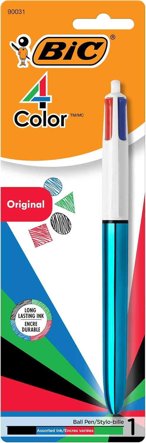 BIC 4-Color 3+1 Retractable Ballpoint Pen with Red, Blue, Black Ink and 0.7 mm Mechanical Pencil, 1-Count in Assorted Ink