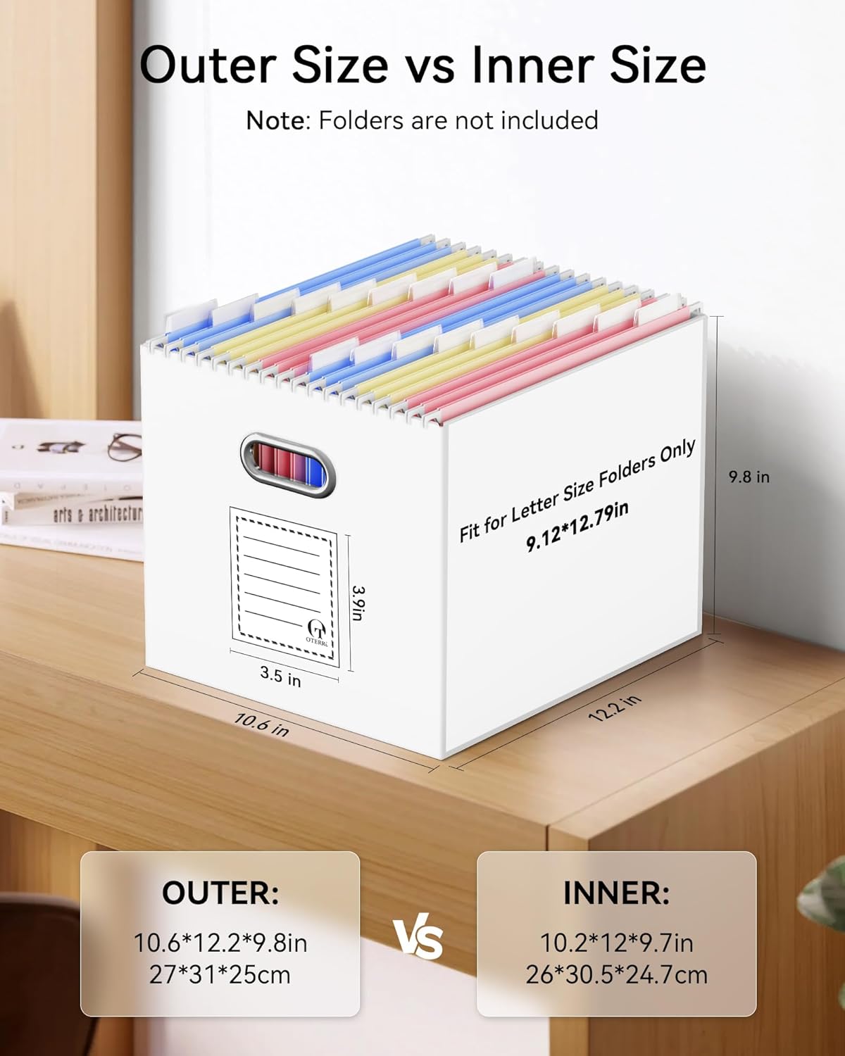 Oterri File Organizer Box, Portable Collapsible Cardboard File Folder Organizer with Handle for Letter Size Hanging Files, Document Storage Box for Home Office & Classroom (4 Packs, Black)
