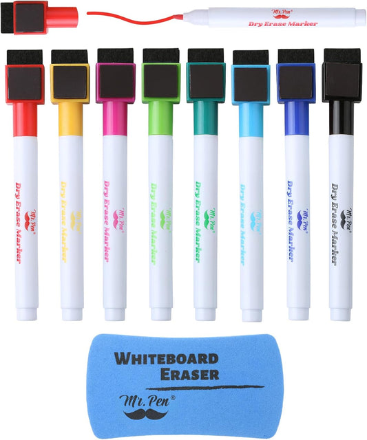 Mr. Pen- Magnetic Dry Erase Markers, 8 Pack with Whiteboard Eraser, Colorful, Fine Tip Markers with Built-In Magnet & Eraser, Low Odor, Quick Dry, for Whiteboards, Office, School & Home