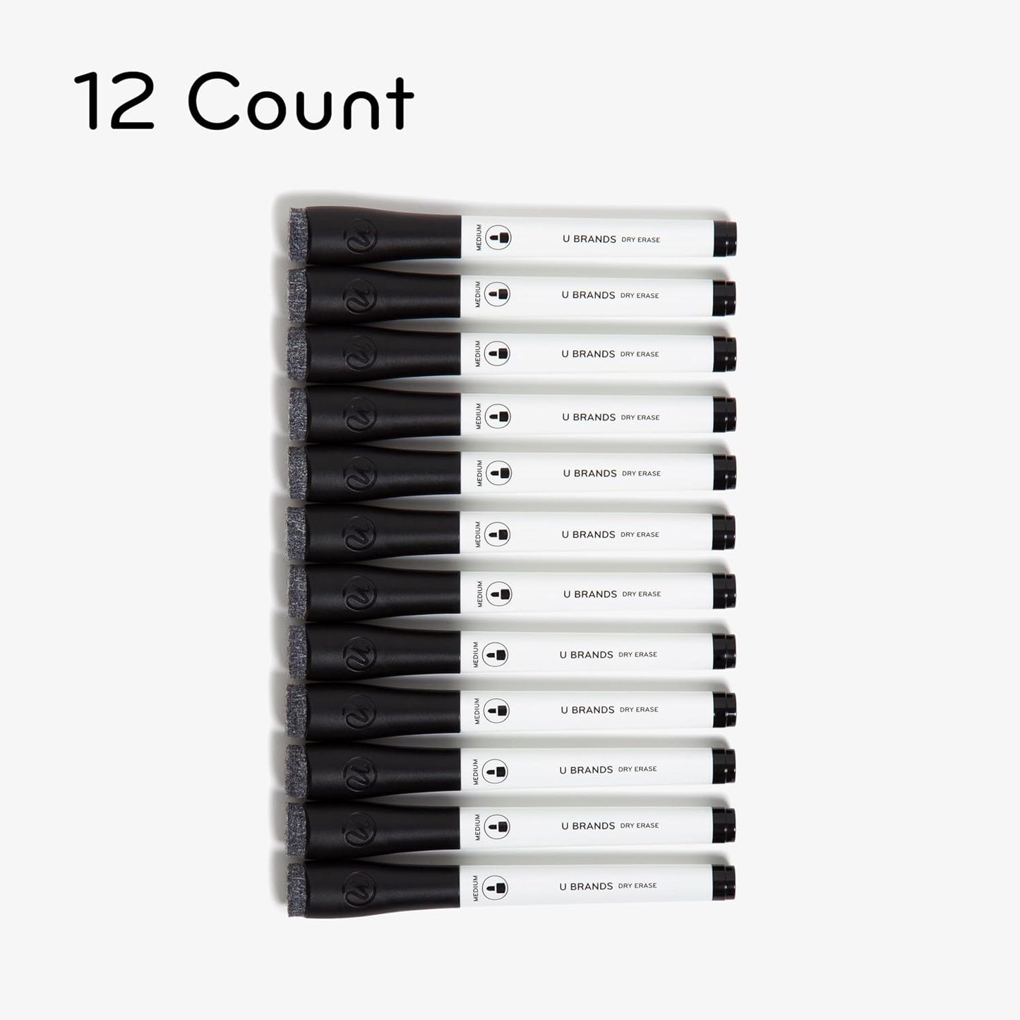 U Brands Fine Tip Dry Erase Markers with Eraser, Whiteboard Markers, Low Odor, Black, Set of 12