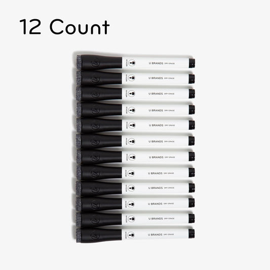 U Brands Fine Tip Dry Erase Markers with Eraser, Whiteboard Markers, Low Odor, Black, Set of 12