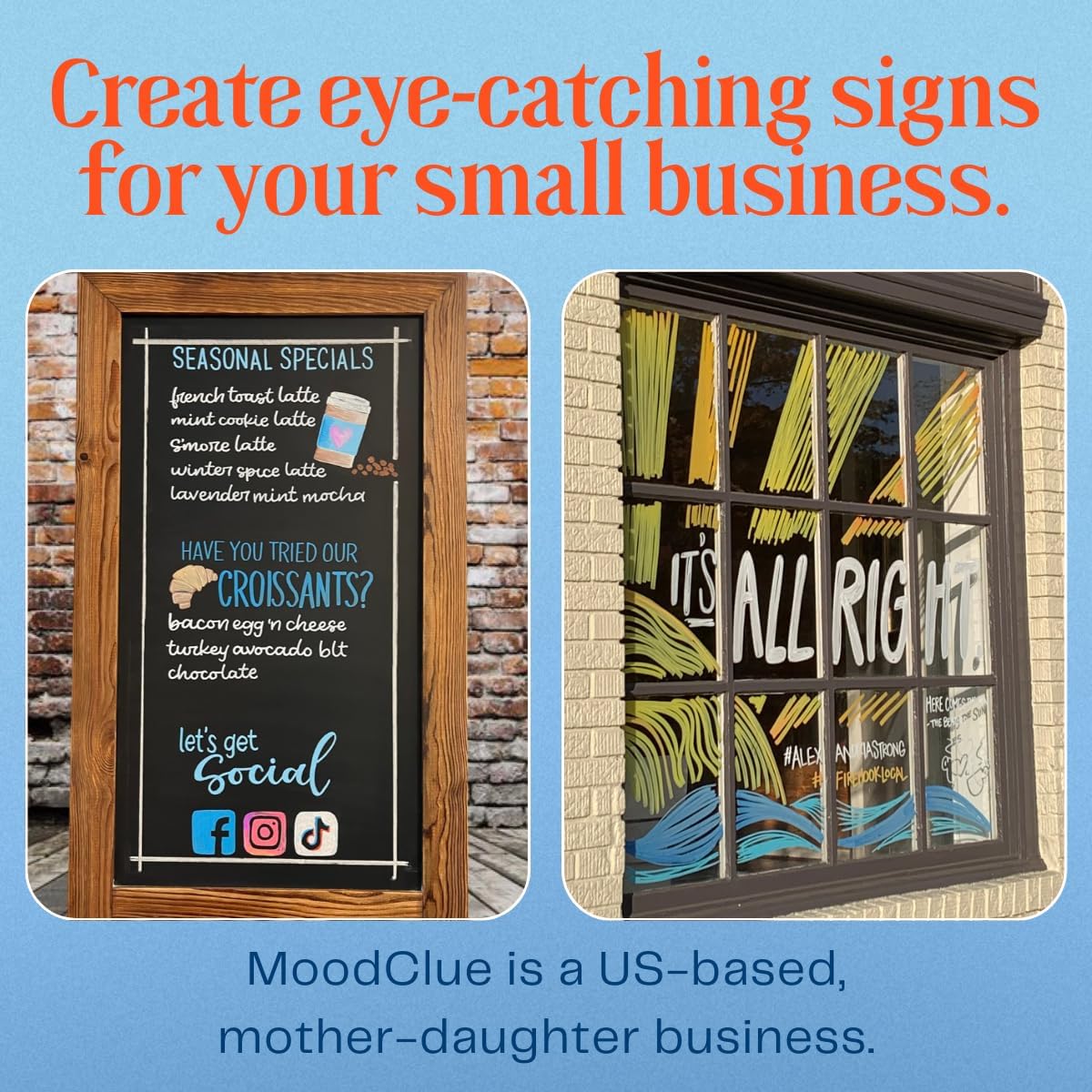MoodClue Liquid chalk markers 12 neon erasable Whiteboards, glass boards, chalkboards, windows, mirrors, car windshields, auto, glass. Odorless, non-toxic. Wet or dry erase. Thick and thin tip