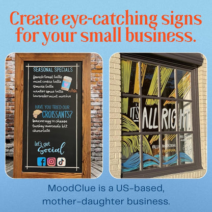 MoodClue Liquid chalk markers 12 neon erasable Whiteboards, glass boards, chalkboards, windows, mirrors, car windshields, auto, glass. Odorless, non-toxic. Wet or dry erase. Thick and thin tip